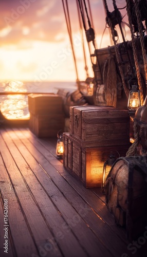 Wallpaper Mural Sunset on a pirate ship deck  chests and lanterns create an enchanting nautical adventure scene Torontodigital.ca