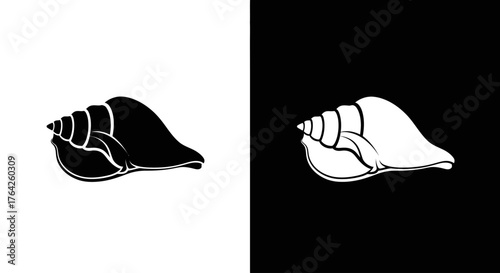 A minimalist black and white graphic of a conch shell, shown in both positive and negative versions side-by-side.