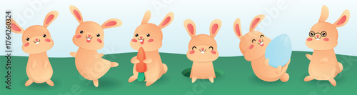 Cute little bunnies in a collection. A set of elements with adorable baby animals, cartoon rabbits in various poses. Playful and happy pets on the lawn, animals wildlife . Vector illustration.