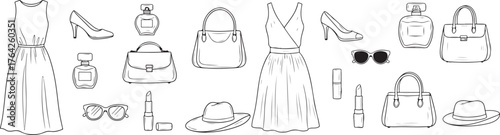 Elegant line art fashion icons featuring dresses handbags shoes and accessories for stylish designs vector