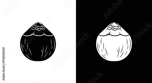 Stylized graphic representation of a whole coconut, presented in both a black silhouette and a white outline against contrasting backgrounds.