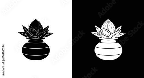 Monochrome illustration of a traditional Kalash pot, adorned with coconut and mango leaves, symbolizing Hindu rituals and prosperity.