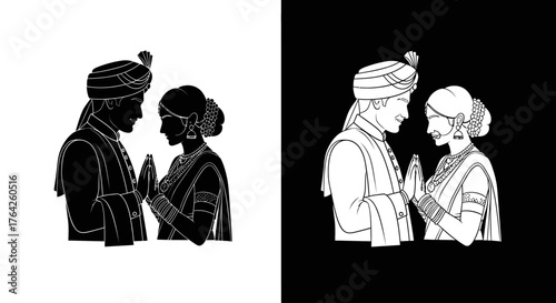 Elegant illustration of a traditional Indian couple in wedding attire, bowing with hands clasped in a respectful Namaste gesture.