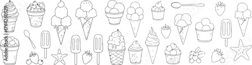 Collection of hand drawn doodle icons representing food desserts sweets treats and pastries for creative projects vector