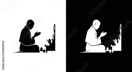 Stylized graphic of a spiritual figure in traditional attire kneeling in devotion before an altar, presented in a monochrome design.