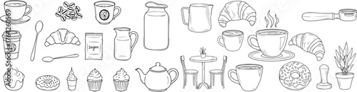 Collection of hand drawn coffee tea mugs pots cups and utensils outline icons food and drink elements vector
