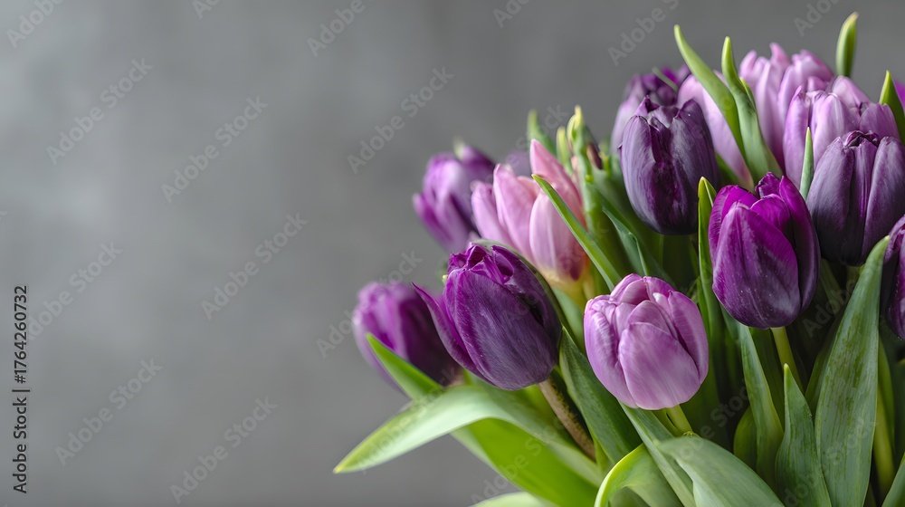 Obraz premium Bouquet of purple and lavender tulips displays against a muted background with ample copy space