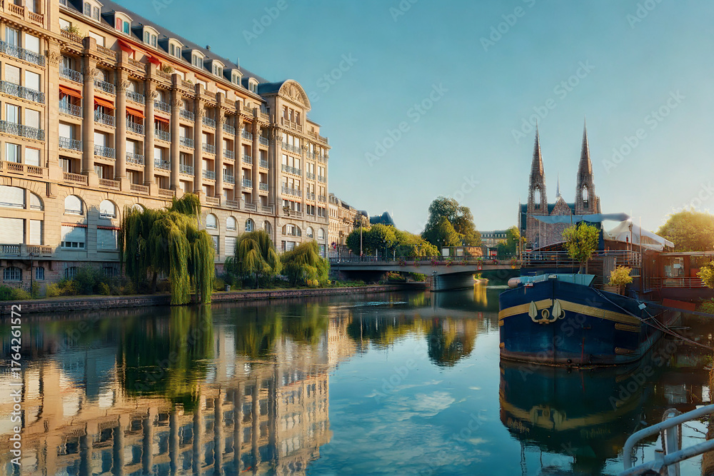 Obraz premium Historic european cityscape with river reflections and grand architecture