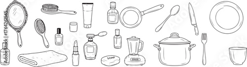 Collection of culinary and household tools drawn in a clean line art style for stock use vector