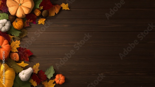 Autumn thanksgiving banner with colorful leaves, pumpkins, and gourds on rustic wooden table