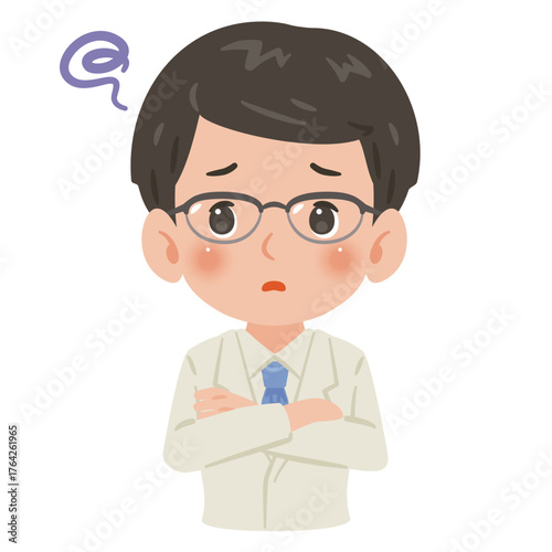 白衣を着た困る男性　上半身イラスト／Troubled man wearing a white coat　upper body illustration