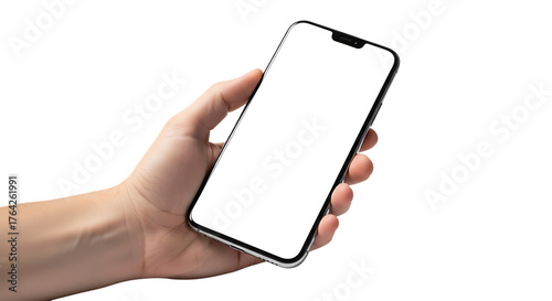 A person's hand holding a modern smartphone with a blank white screen, isolated.