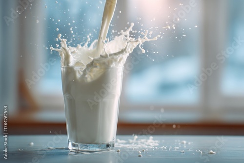Fresh Milk Splash Pouring into Glass on Wooden Table