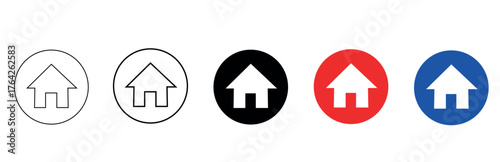 Vector art of set of five home icons in various styles and colors including outline, black, red, and blue