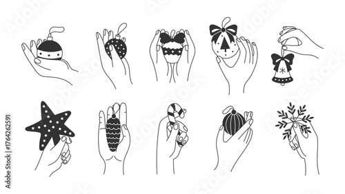 Human Hand Holding Christmas Ornament Set. Drawn Line Palm and Finger Gestures showing various Xmas Decoration Symbols. Bauble Candy Cane Star Toppe Bell and Snowflake. Vector illustration
