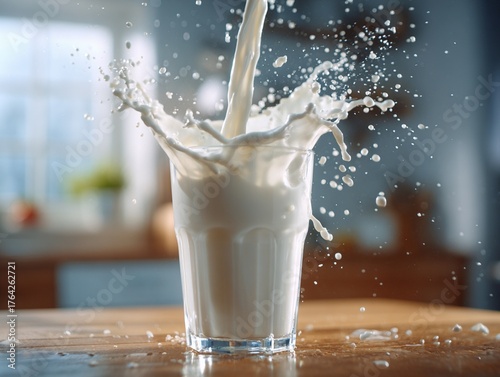 Fresh Milk Splash Pouring into Glass on Wooden Table