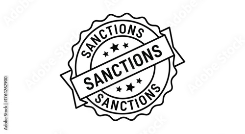 A black and white circular stamp displaying the word sanctions repeatedly