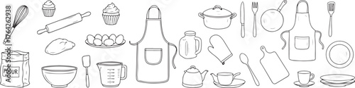 Collection of hand drawn kitchen utensils and food items sketch collection decorative elements vector