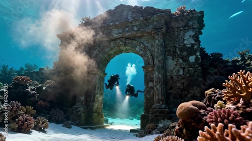 Underwater exploration adventure concept with ancient ruins and scuba divers, design for marine conservation poster