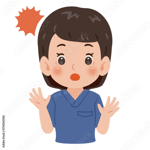 青色のスクラブを着た驚く女性　上半身イラスト／ Surprised woman wearing blue scrubs　upper body illustration
