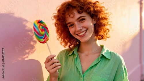 Young woman enjoying a colorful lollipop against a pink wall, celebrating joyful moments in urban setting
