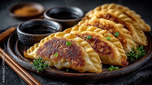 Macro close-up of golden gyoja rims, scallion & soy reflections on dark gray for premium seasoning poster or fry-pan ad reels