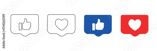 Vector art of set of four social media like and heart notification icons, including outline, blue thumbs up, and red heart versions
