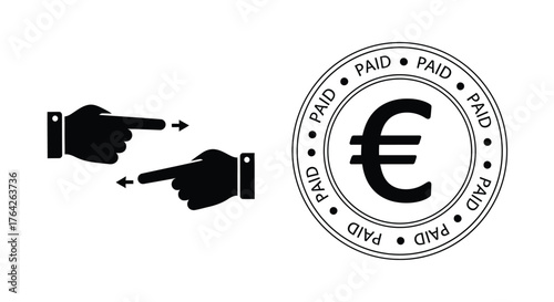 Hands pointing toward a euro symbol within a circular paid stamp