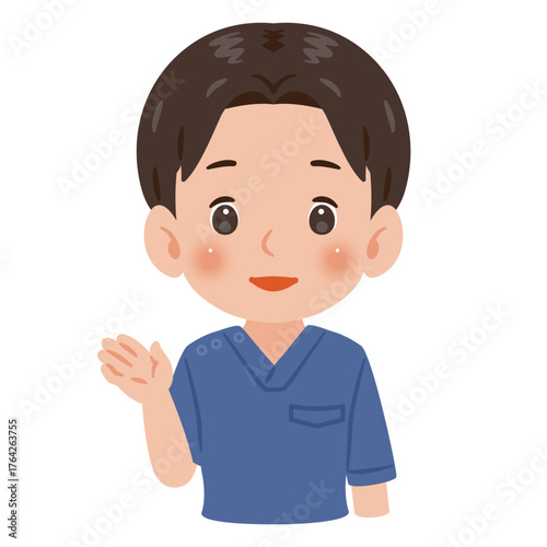 青色のスクラブを着た案内する男性　上半身イラスト／Man wearing blue scrubs guiding