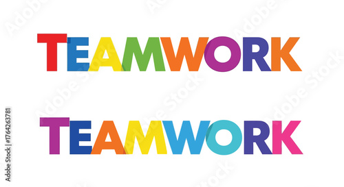 Colorful typography displays the word teamwork repeated twice on a white background