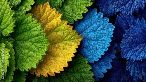 Side-lit 3D leaf veins in blue-green hues, central banner shadow gap for essential-oil ad or website header