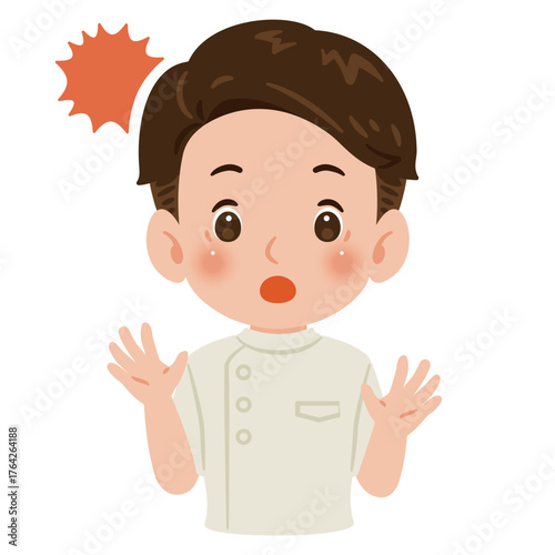 白色のケーシーを着た驚く男性　上半身イラスト／Surprised man wearing a white medical tunic　upper body illustration