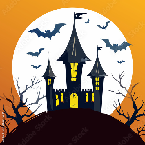 Spooky Halloween Castle Silhouette on Hill with Bats and Full Moon