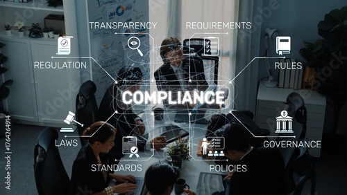 Canvas Print Professionals engage in a collaborative meeting focused on compliance related to laws and regulations, emphasizing transparency and effective governance strategies