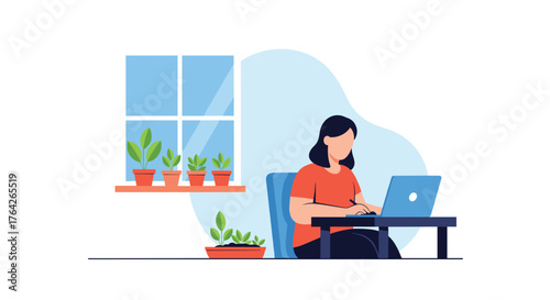 Young woman working on laptop computer at desk with potted plants on windowsill and floor