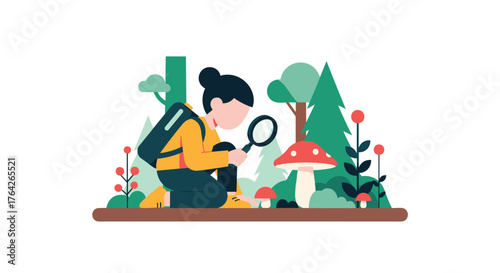 Child Exploring Forest Nature Discovering Fungi Microscopic Details