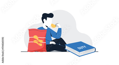 Student Procrastinating While Studying Eating Snacks Next to a Textbook