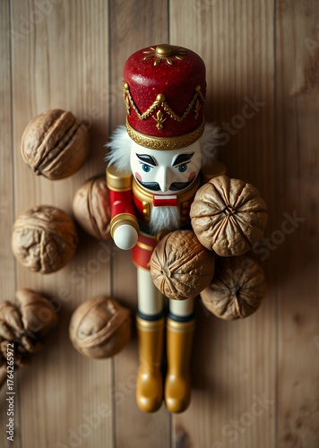 Vintage nutcracker and whole walnuts on a natural wooden background view from above nutcrackers holiday  decoration christmas toy festive merry celebration