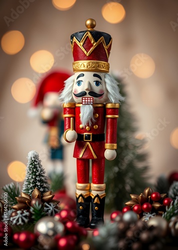 Whimsical nutcracker figurine surrounded by blurry background perfect for festive product display nutcrackers holiday  decoration christmas toy festive merry celebration