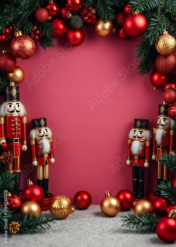 A festive border of nutcracker figures and red-and-gold ornaments creating a traditional christmas frame around a blank center rich colors hd quality classic holiday theme --ar 16:9 nutcrackers holida