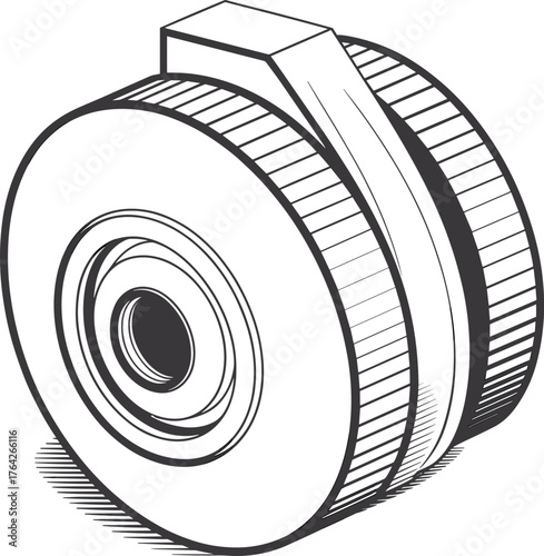 Gear pulley vector, mechanical component drawing, industrial machinery sketch, engineering design, machine element, CAD illustration, precision part, rotary system, belt drive, industry blueprint