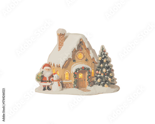 Whimsical Christmas Village House with Santa and Snowman
