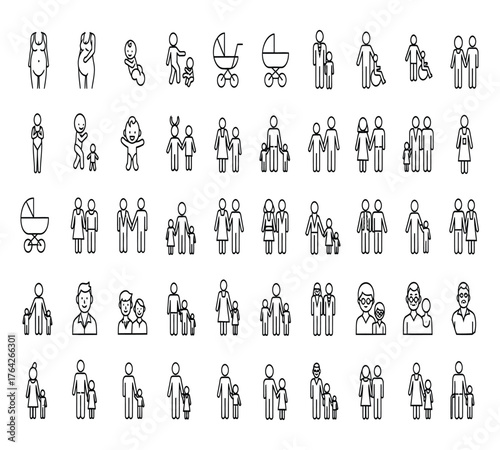 Collection of family stick figures isolated on white background showcases diverse family structures, from couples to families with children and grandparents, representing unity