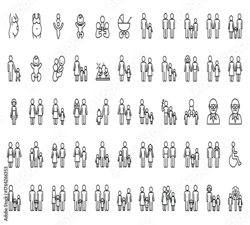 Collection of family stick figures isolated on white background showcases diverse family structures, from couples to families with children and grandparents, representing unity