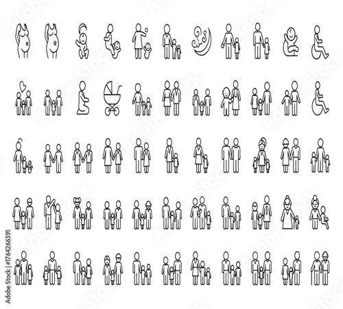 A collection of diverse family and individual figures, showcasing various life stages and relationships, isolated on white background, rendered in a simple, graphic style