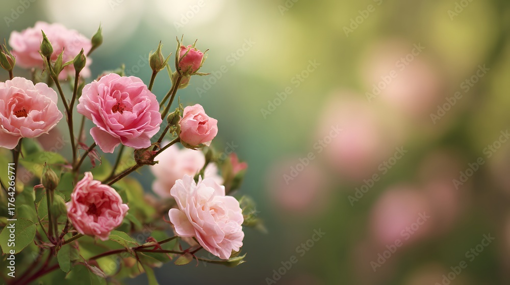 Obraz premium Clusters of delicate pale pink roses bloom vibrantly against a soft, diffused natural background