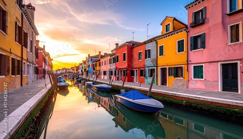 Colorful Burano Island Canal View with Vibrant Buildings Reflecting in Water at Sunset, Vivid Sky and Traditional Architecture in Europe