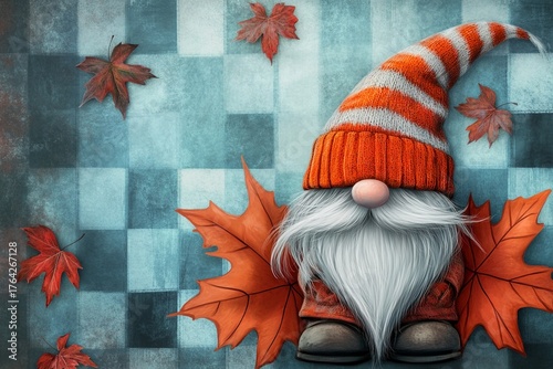 A cute gnome wearing an orange and white striped hat