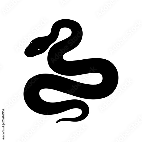Simple black snake silhouette coiled up on white background graphic design