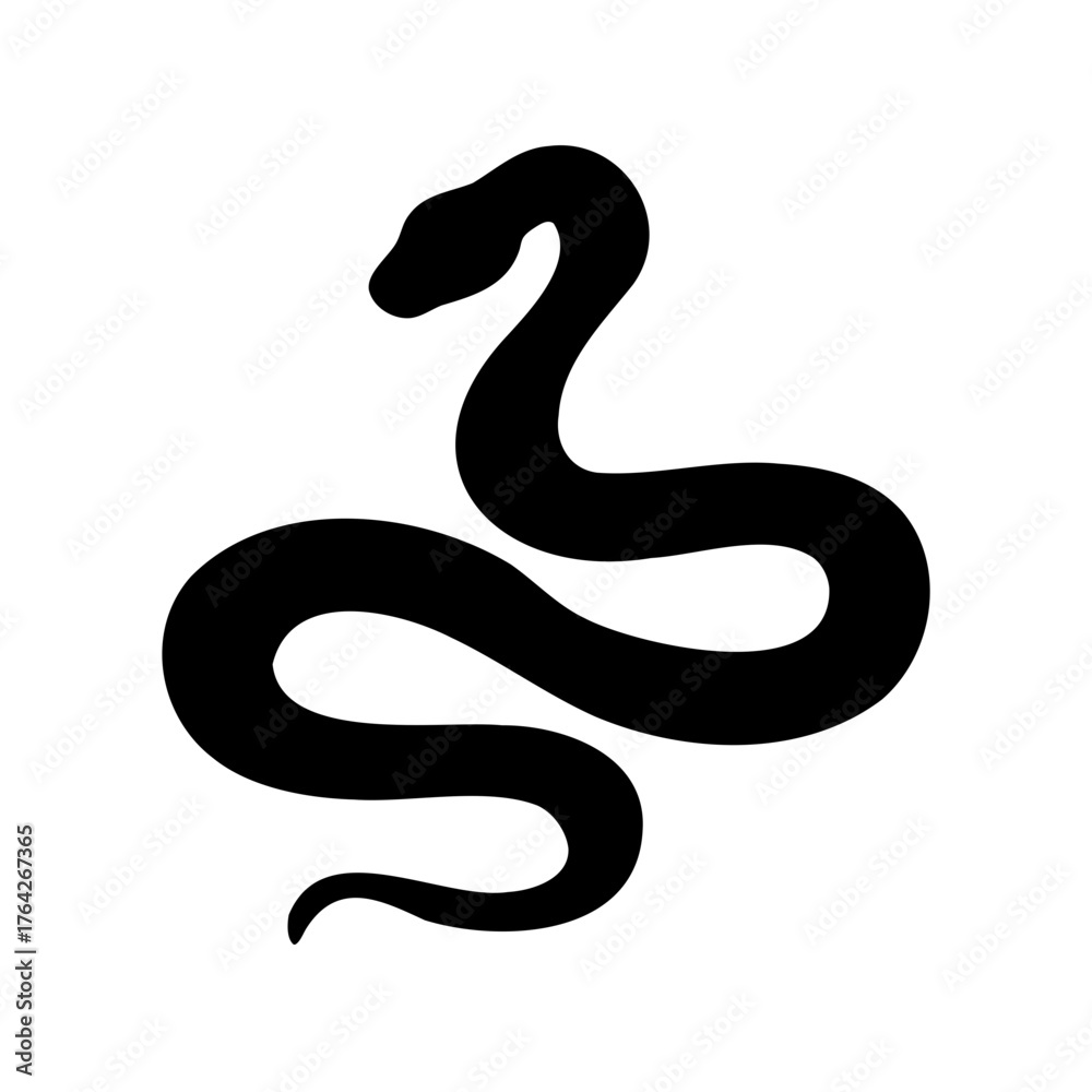 Obraz premium Black snake in minimalist style on white background, symbolizing transformation and rebirth